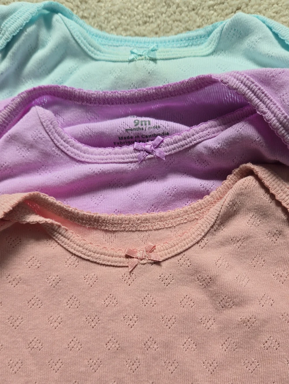 Carter's Bundle of 3 Heart Pointelle Long-Sleeve Onesies, Size 9M